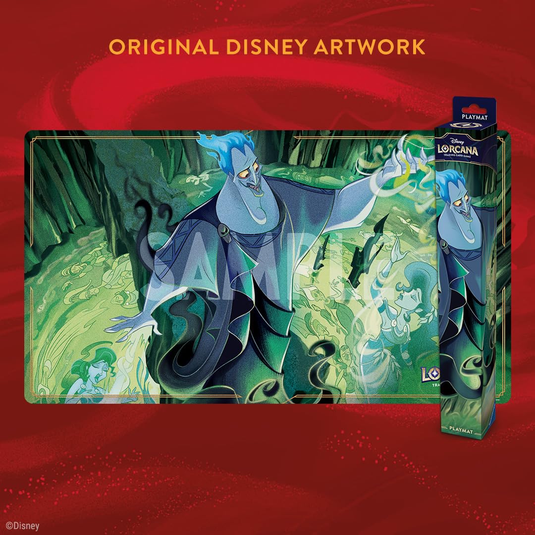 Ravensburger Lorcana Hades playmat rolled-up design eases transport to tournaments or gaming nights.
