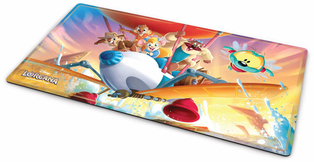 Ravensburger Disney Lorcana Rescue Rangers Away playmat artwork enhances table visuals for immersive gameplay.