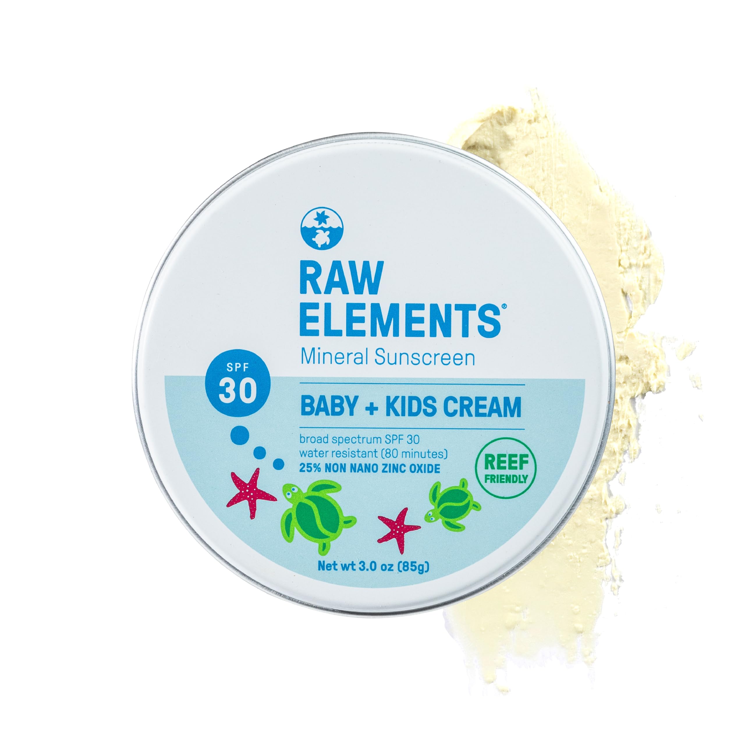 Raw Elements Baby and Kids SPF 30 tin closeup showing portable sun protection.