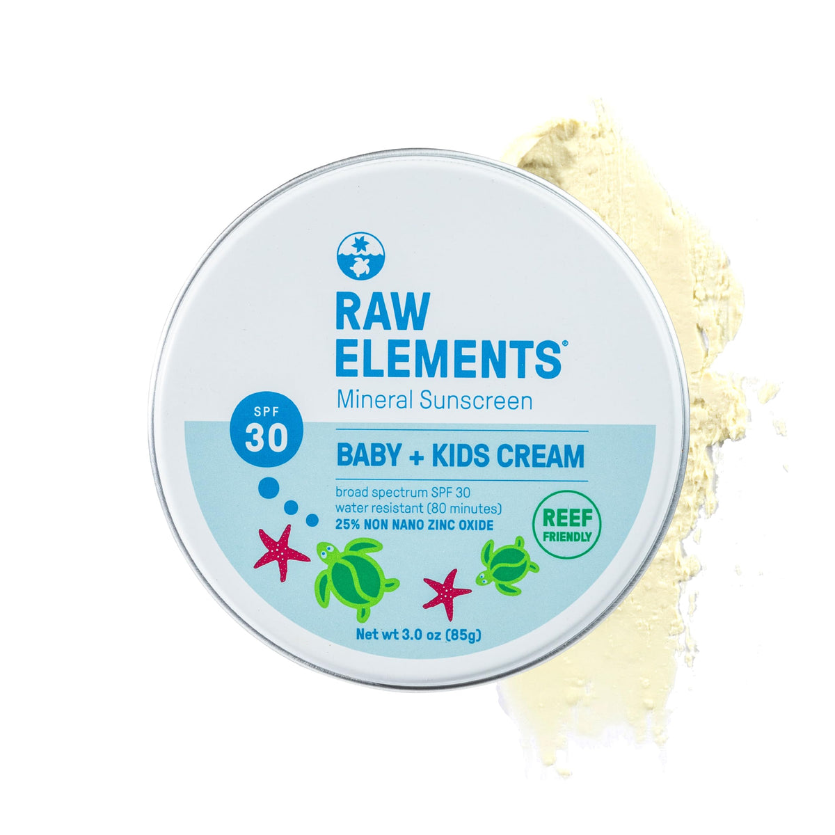 Raw Elements Baby and Kids SPF 30 tin closeup showing portable sun protection.