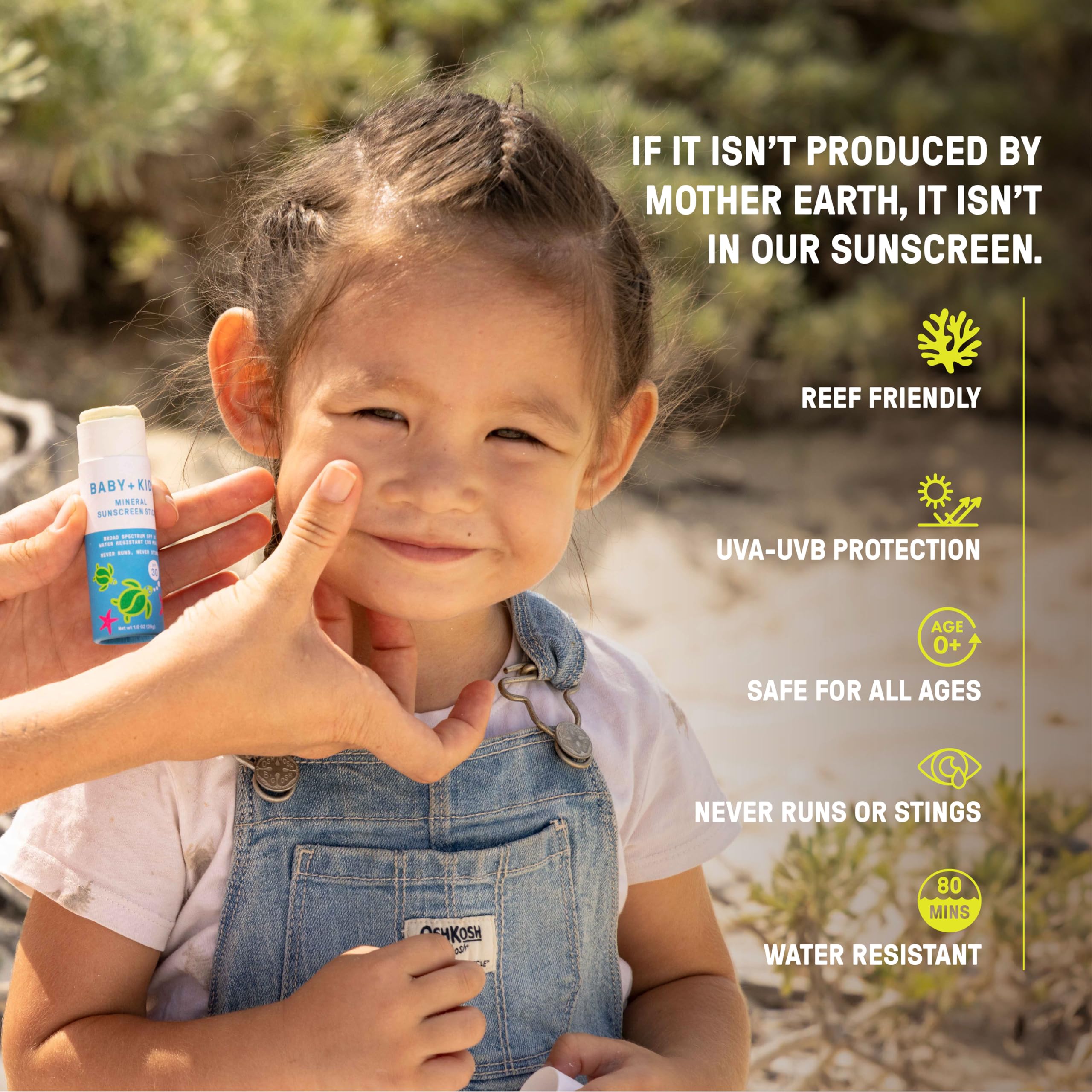 Raw Elements non-nano-zinc-oxide-active-ingredient highlights mineral sunblock for gentle protection.