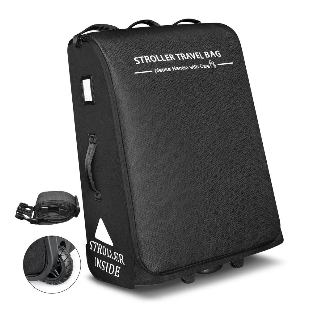 RayMACE padded stroller travel bag front view with wheels for easy airport navigation.