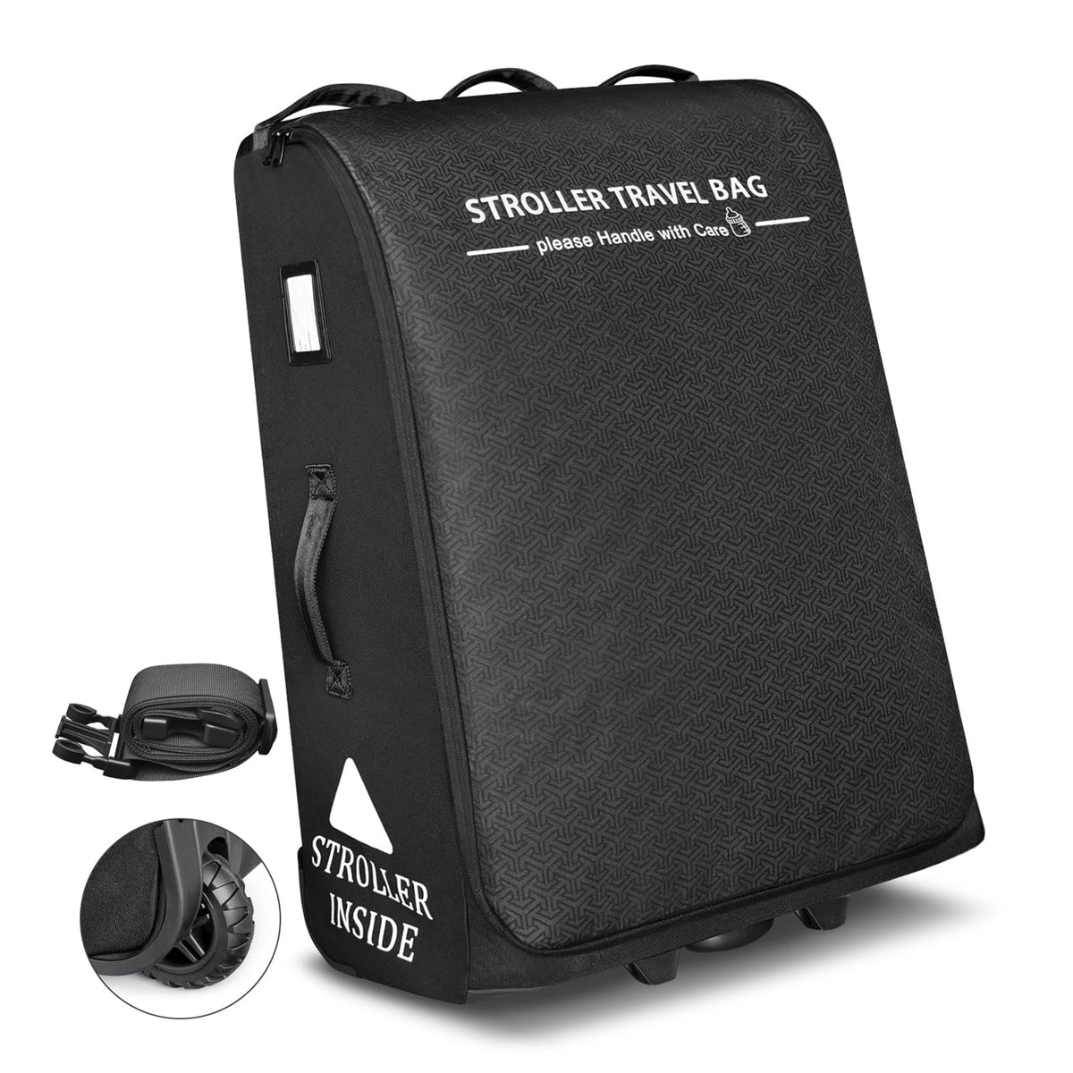 RayMACE padded stroller travel bag front view with wheels for easy airport navigation.