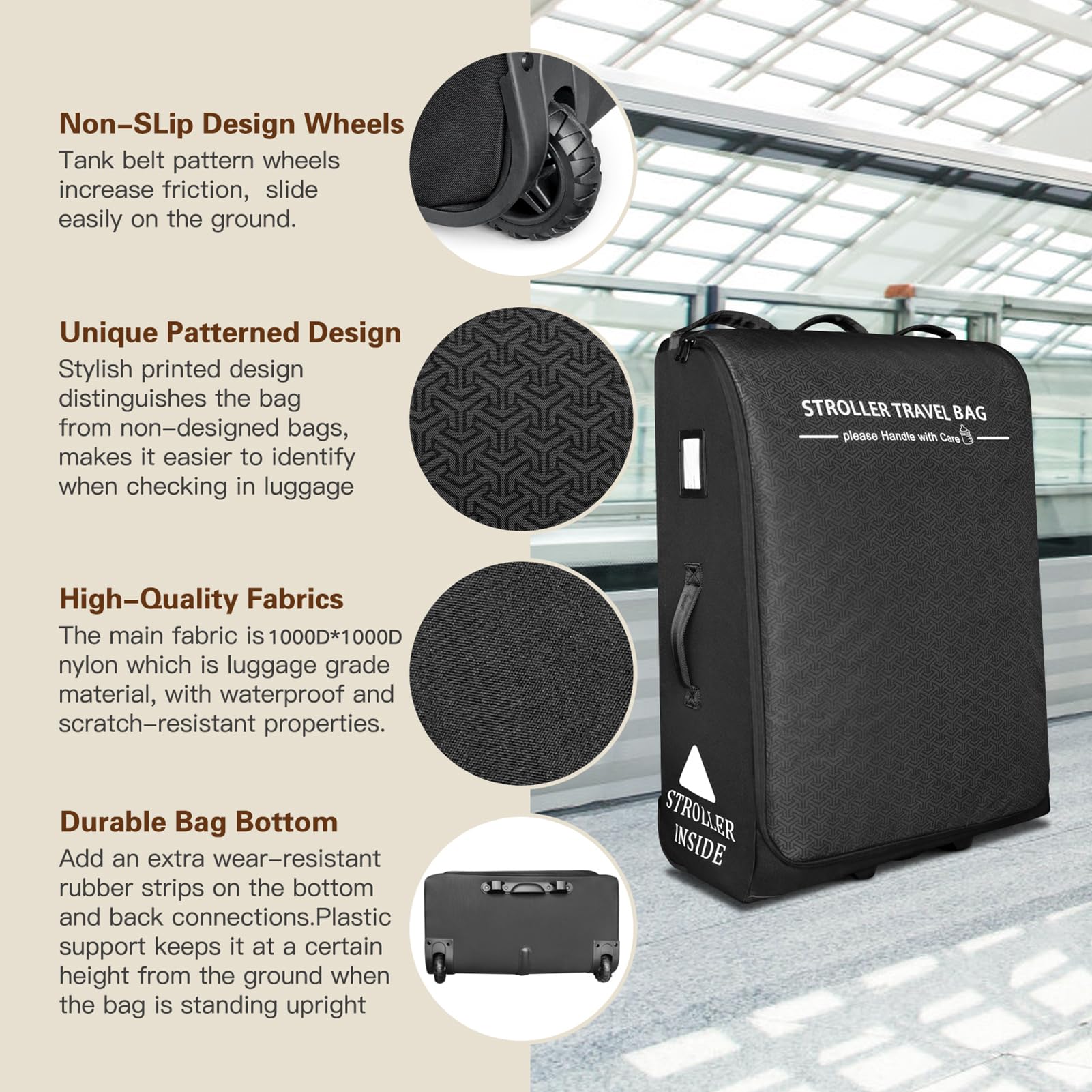 RayMACE interior-strap detail keeps the stroller secure during travel.