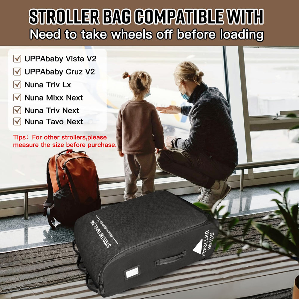 RayMACE padded stroller travel bag side view showing wheels for gate-to-claim ease.