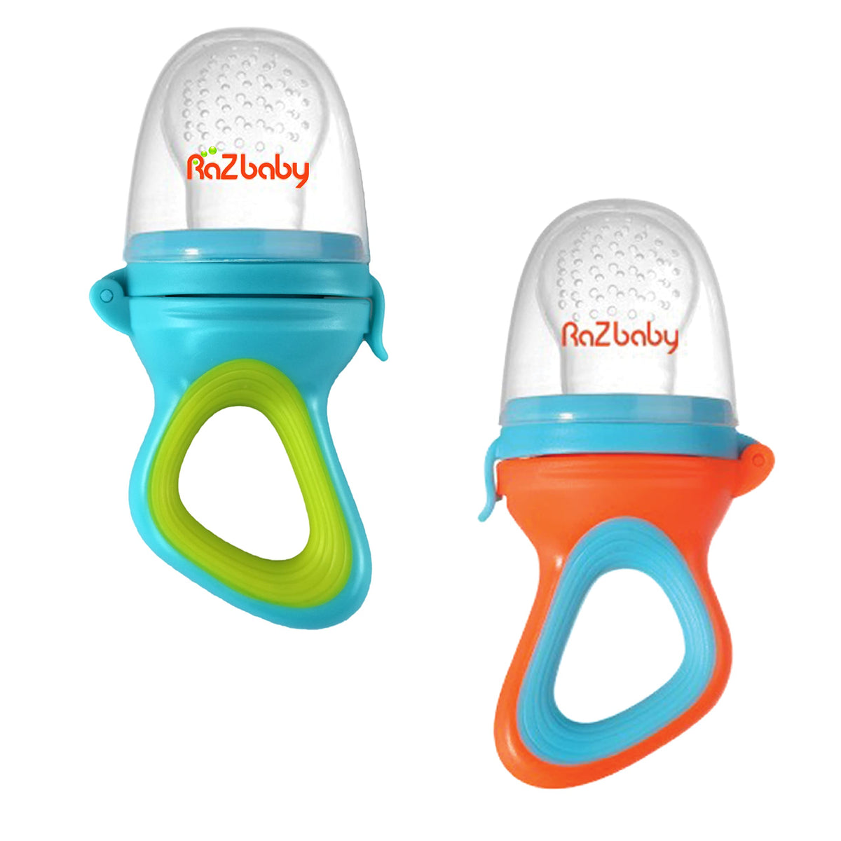 RaZbaby solid feeder front view in blue-orange for safe self-feeding and teething relief.