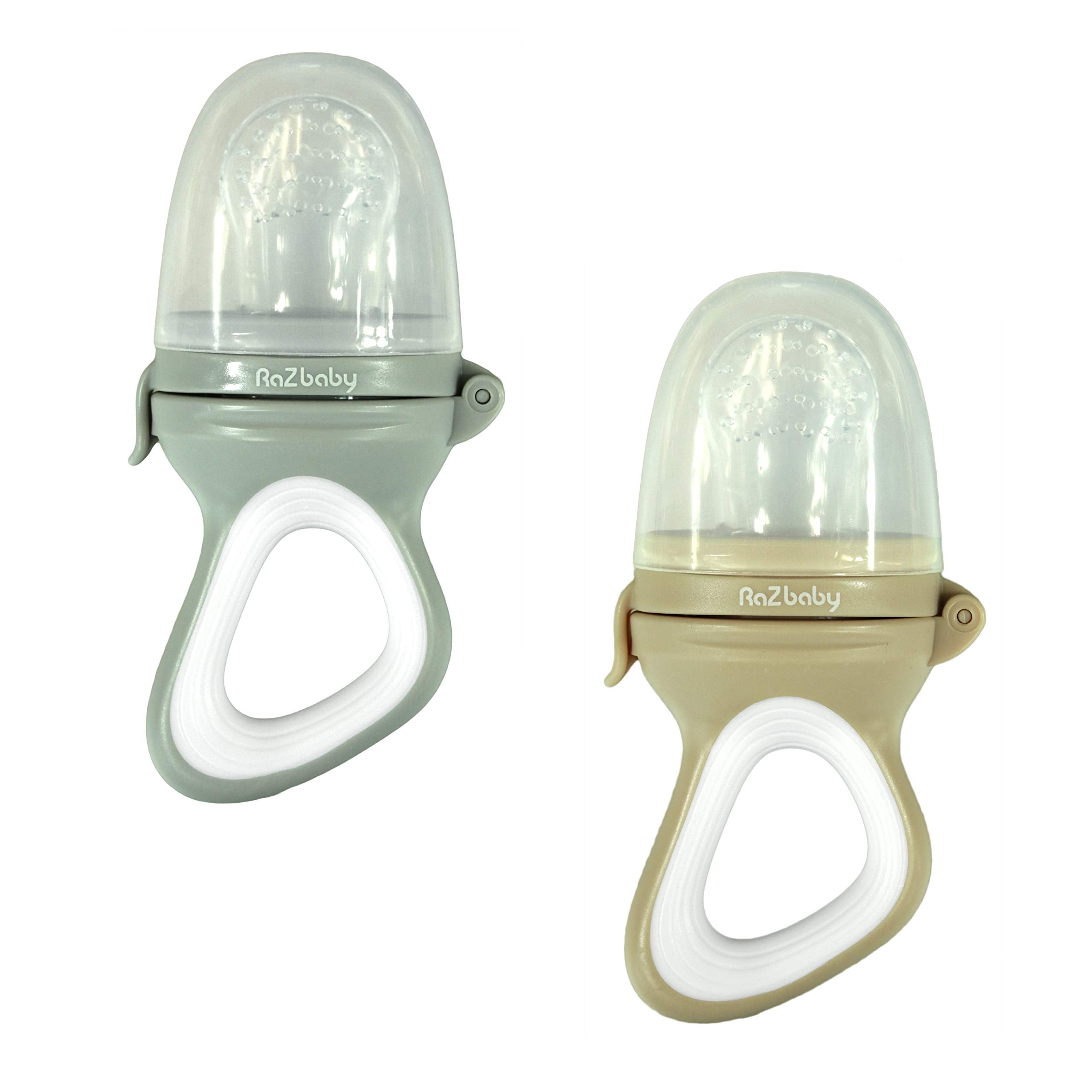 RaZbaby feeder with grey-tan pouch showcases BPA-free silicone for safe solids.