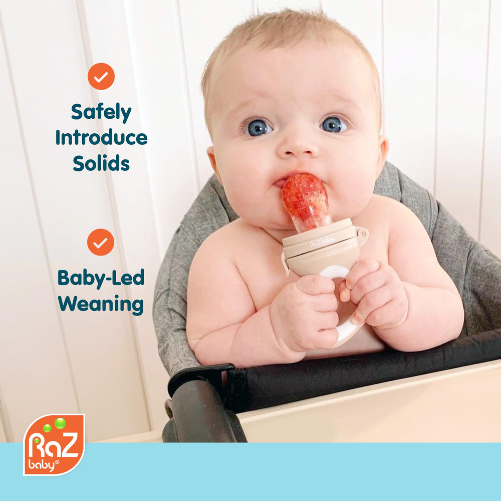 RaZbaby feeder pouch closeup shows BPA-free silicone for soft-food introductions.