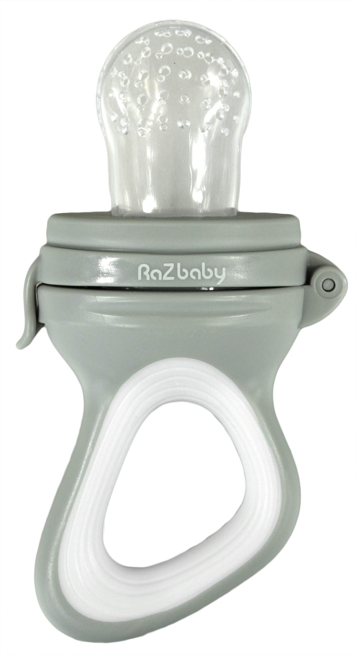 RaZbaby baby solids feeder pouch grey/white for safe, mess-free fruit and veggie intro