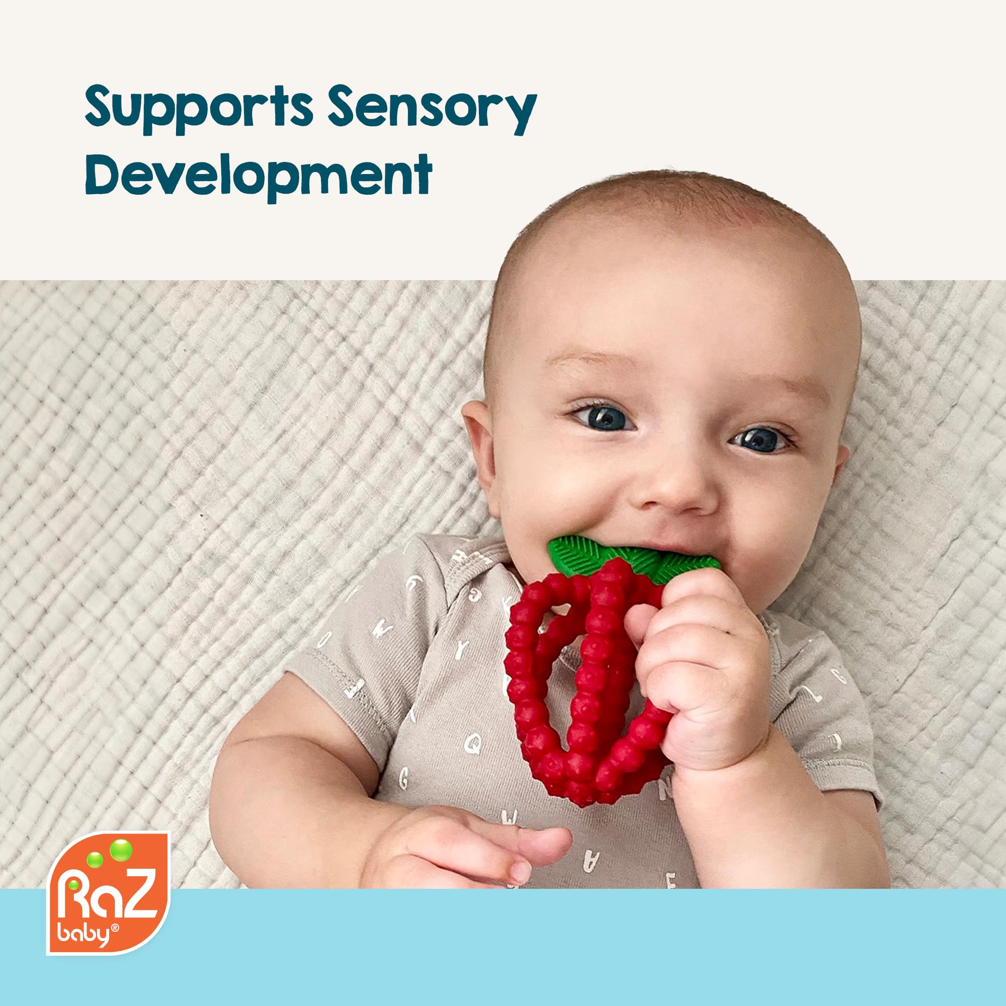 RaZbaby Bites BPA-free silicone teether safe for babies 3 months and up