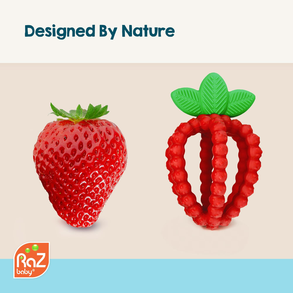 RaZbaby Bites easy-to-hold fruit design fits small hands comfortably
