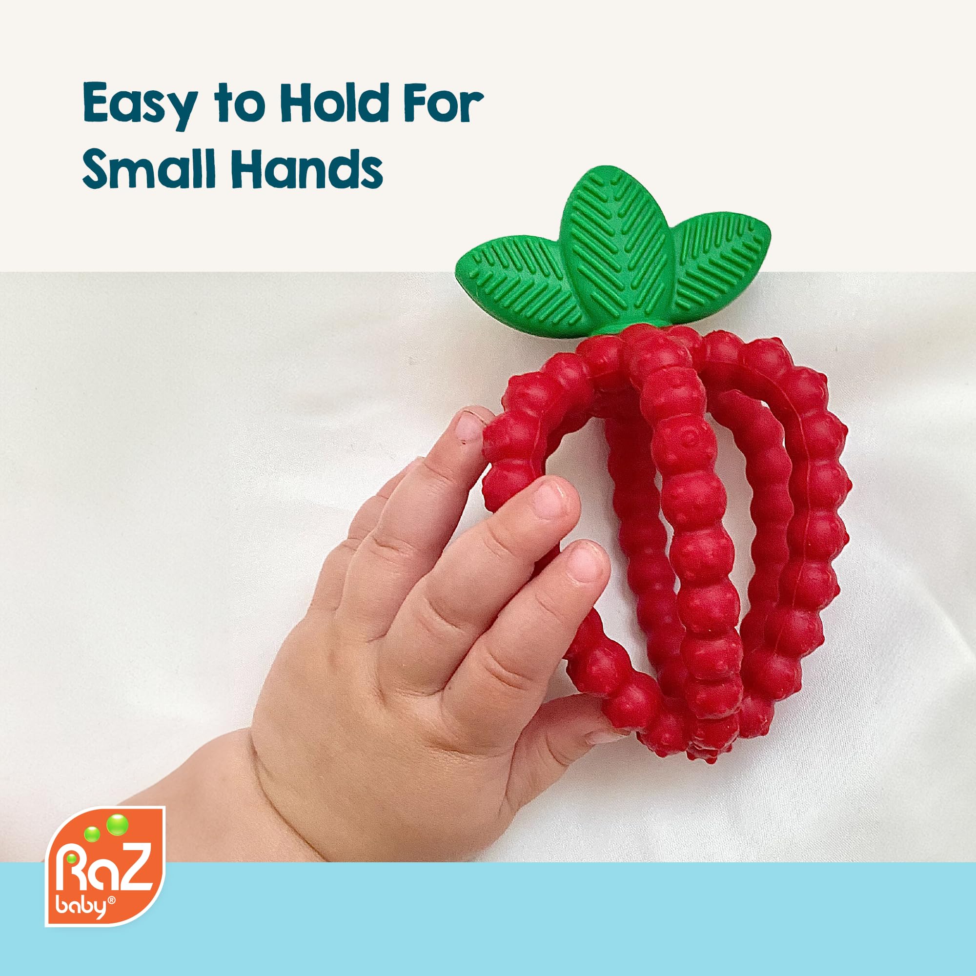 RaZbaby Bites ergonomic leaf and fruit design comforts sore gums
