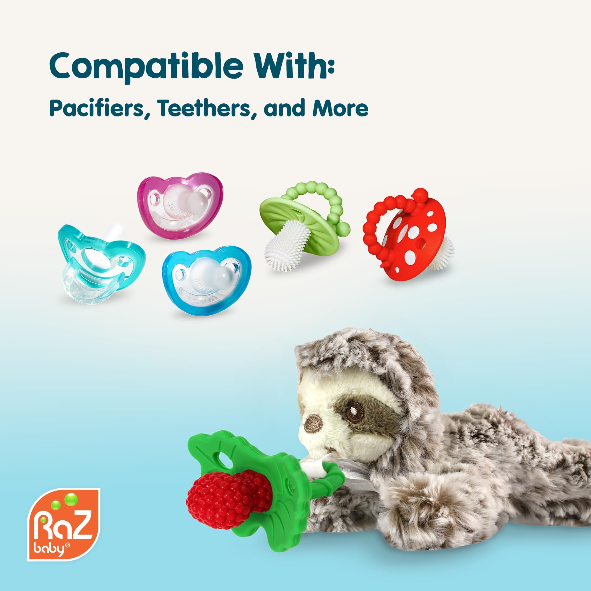 Velcro buddy strap keeps RaZbaby teether within reach.