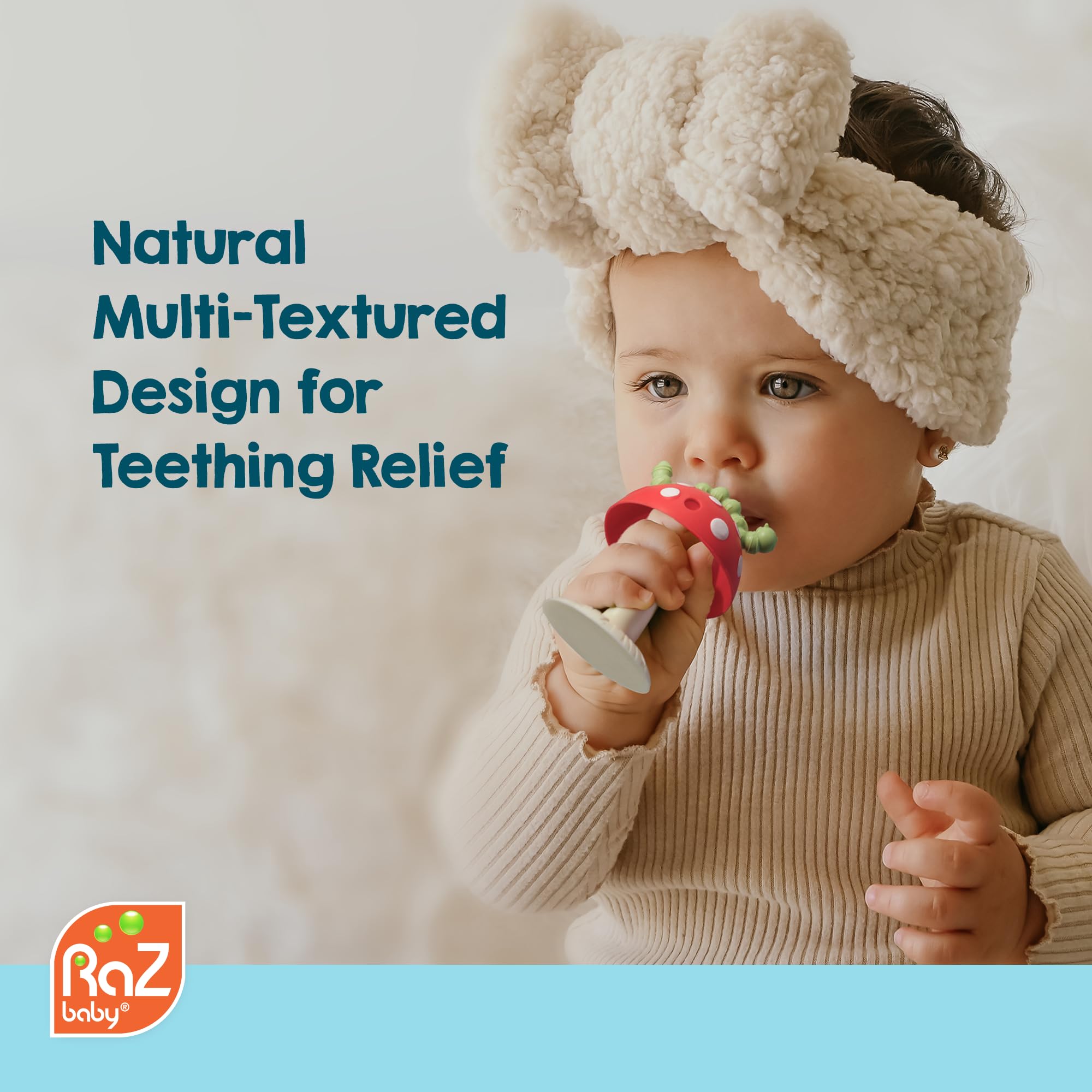 RaZbaby Chompy grip teether freezing option offers cooling relief for sore gums