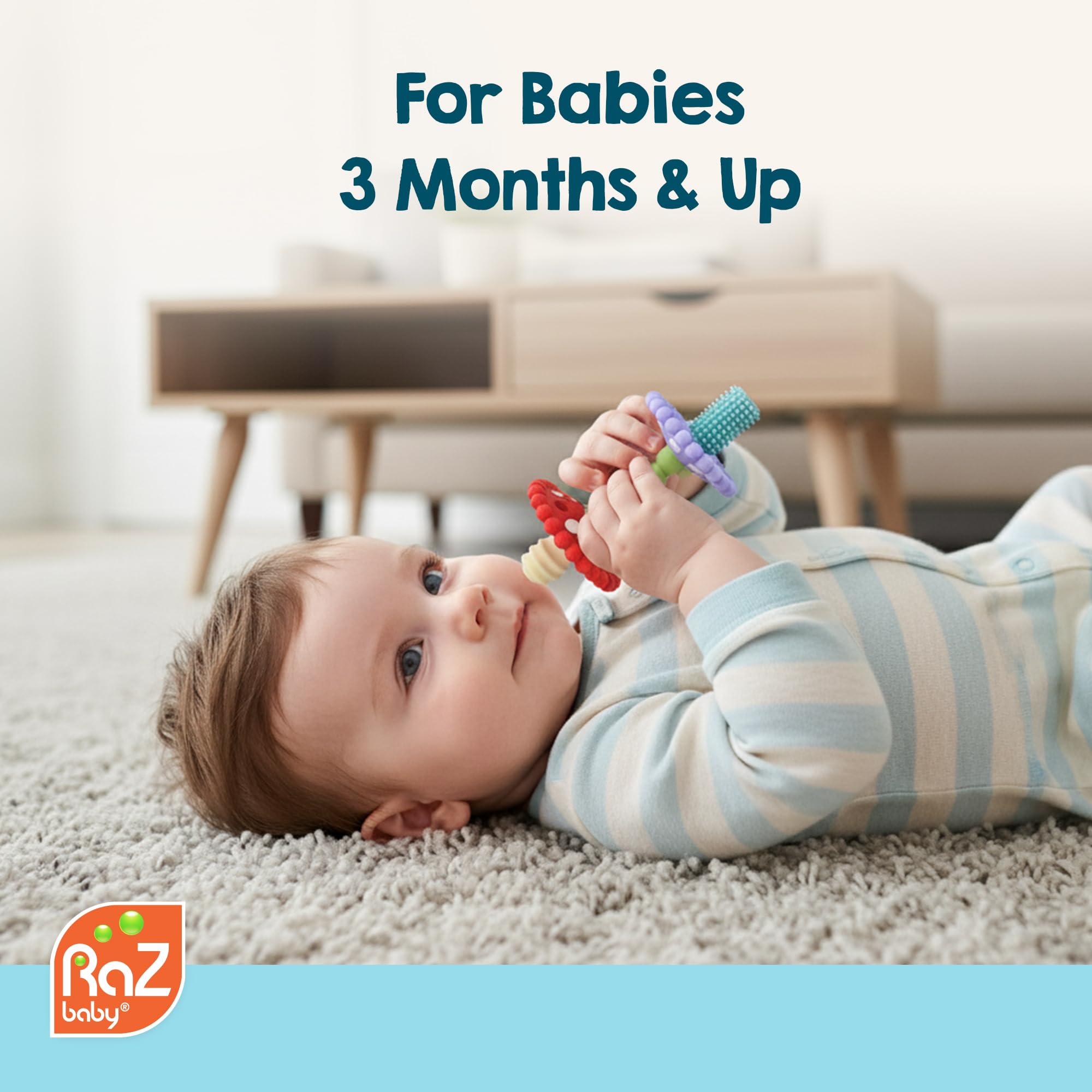 RAZBABY Chompy Teether Wand colorful design engages baby for sensory exploration