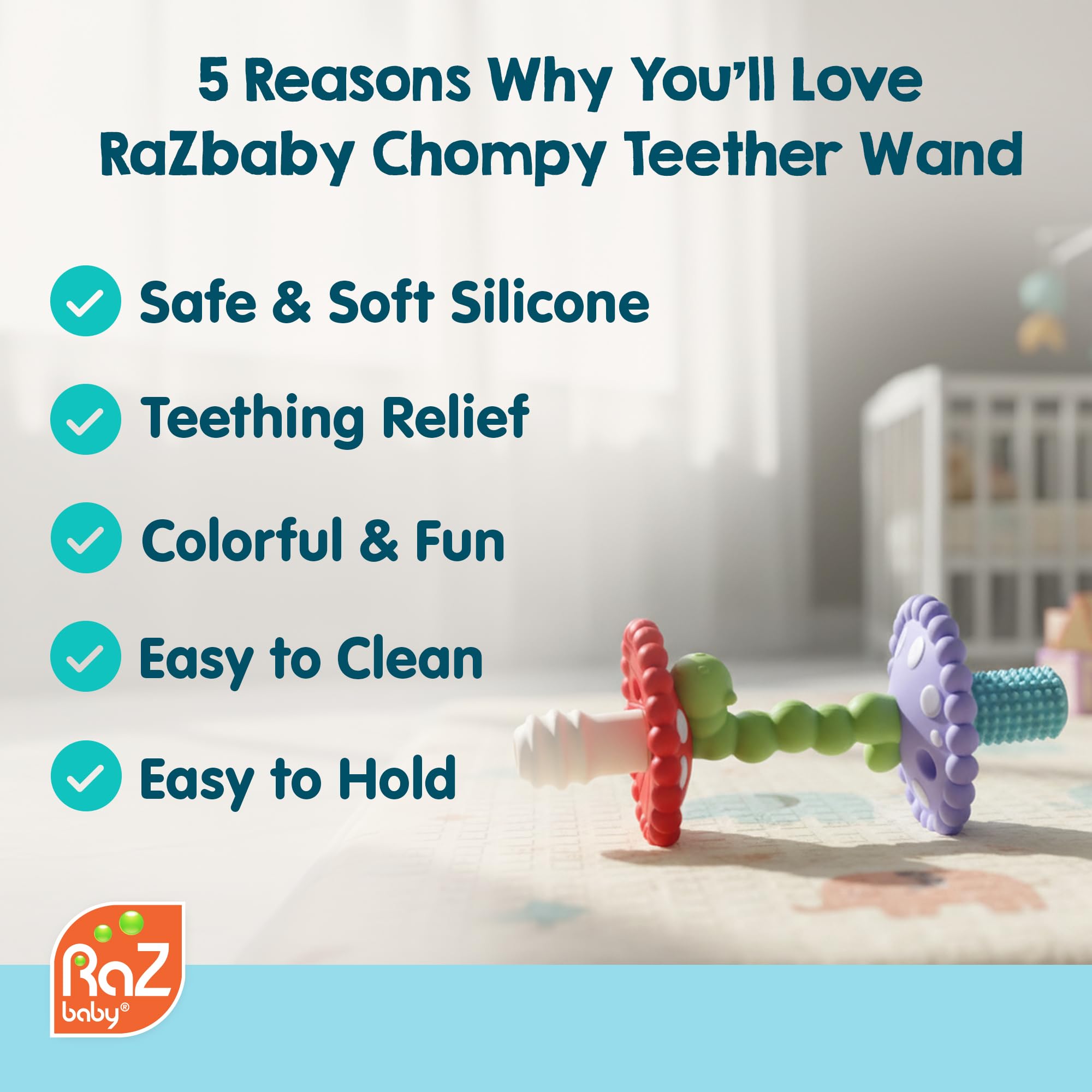 RAZBABY Chompy Teether Wand hollow-tube design supports tiny hands with easy-grip use