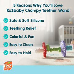 RAZBABY Chompy Teether Wand hollow-tube design supports tiny hands with easy-grip use
