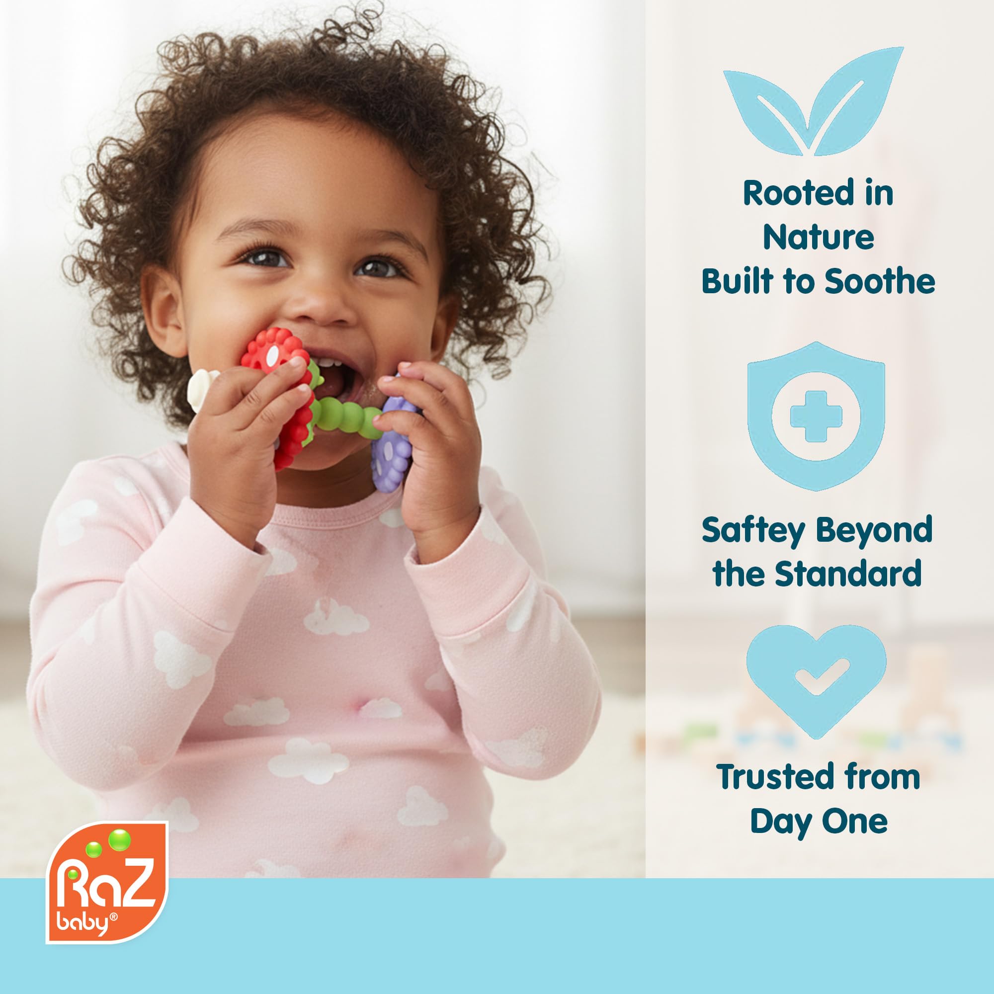 RAZBABY Chompy Teether Wand multi-texture ends promote gentle gum massage and oral awareness