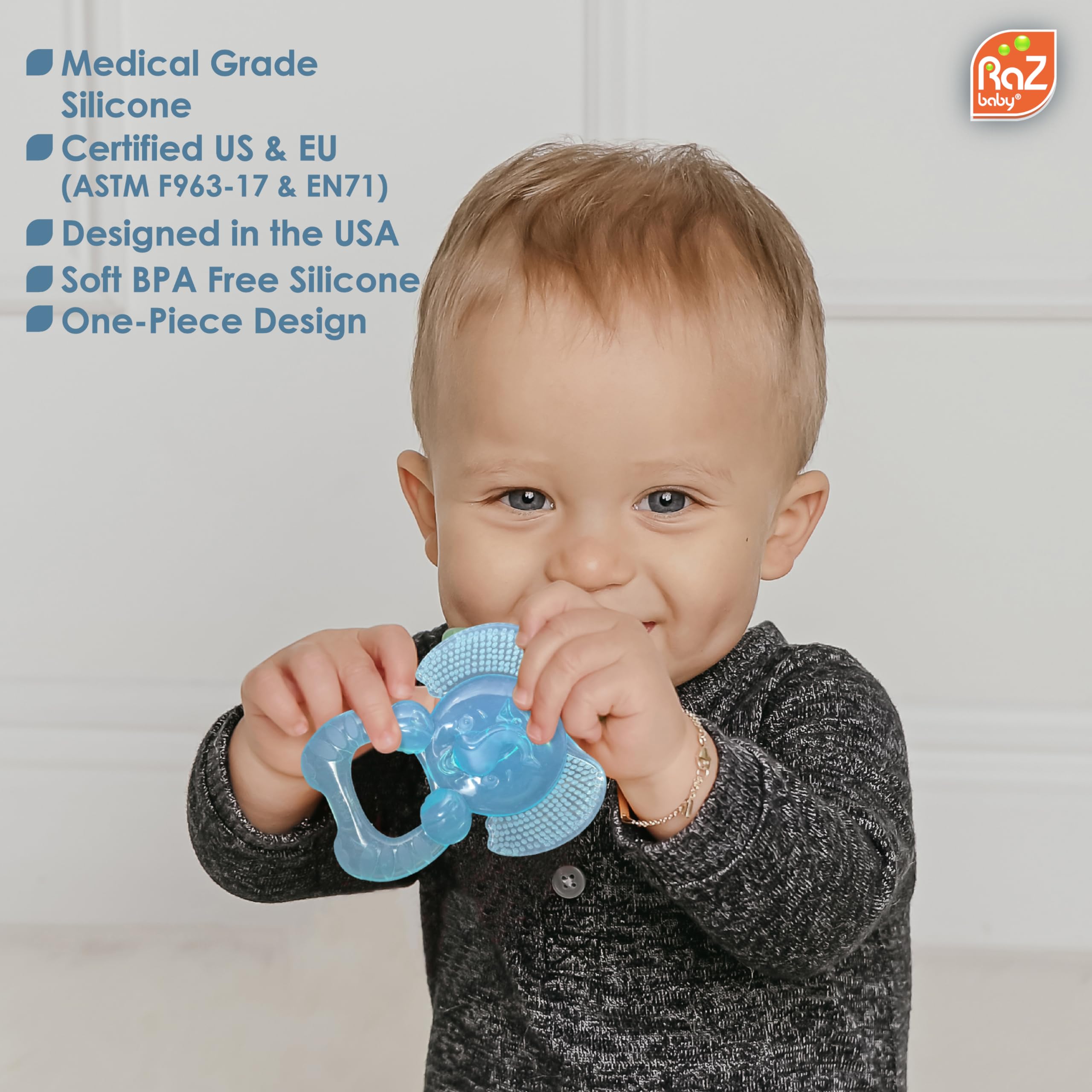 RaZbaby Elfy-Yummy teether uses medical grade silicone for safe, lasting teething play.