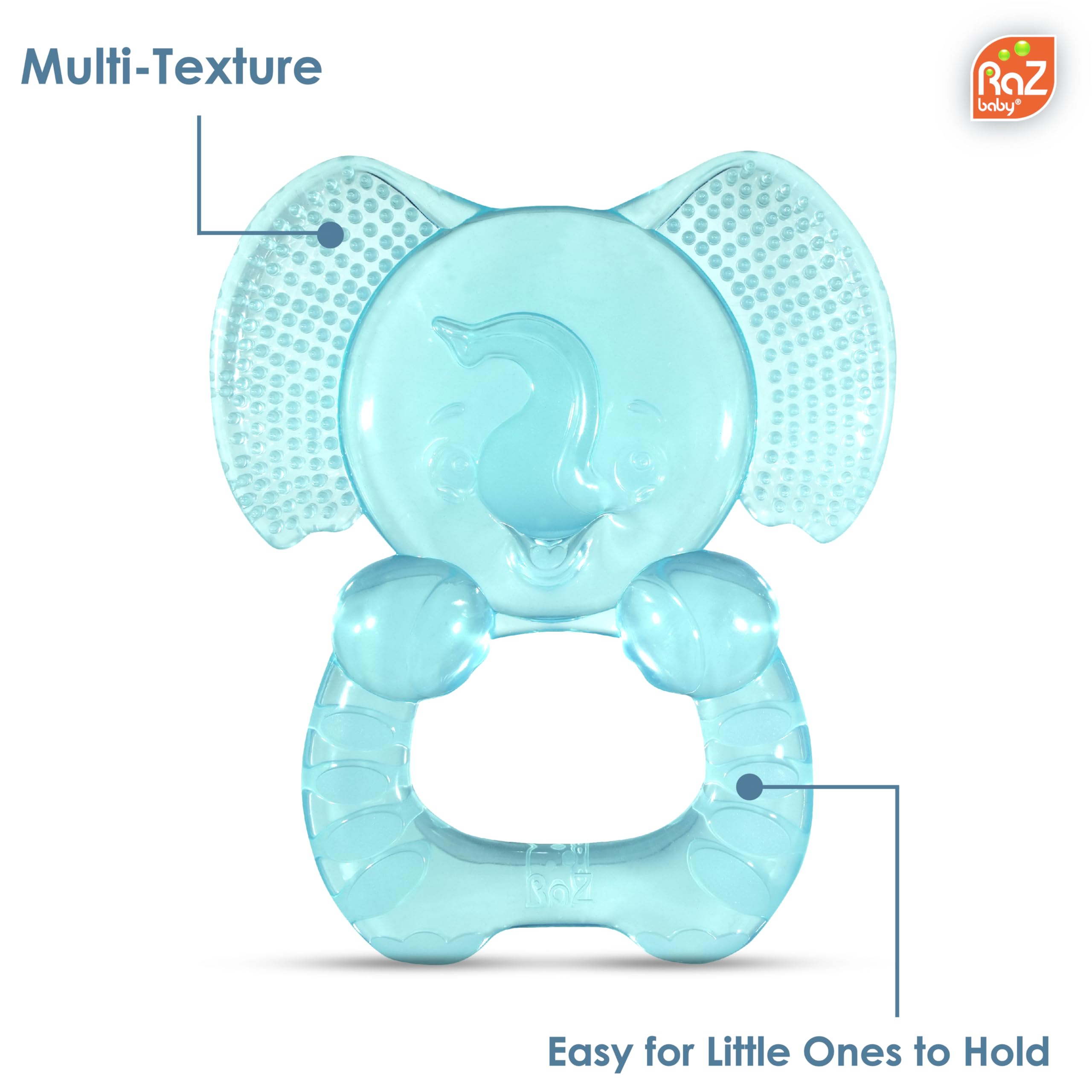 RaZbaby Elfy-Yummy teether multi textured surface stimulates gums during discovery play.