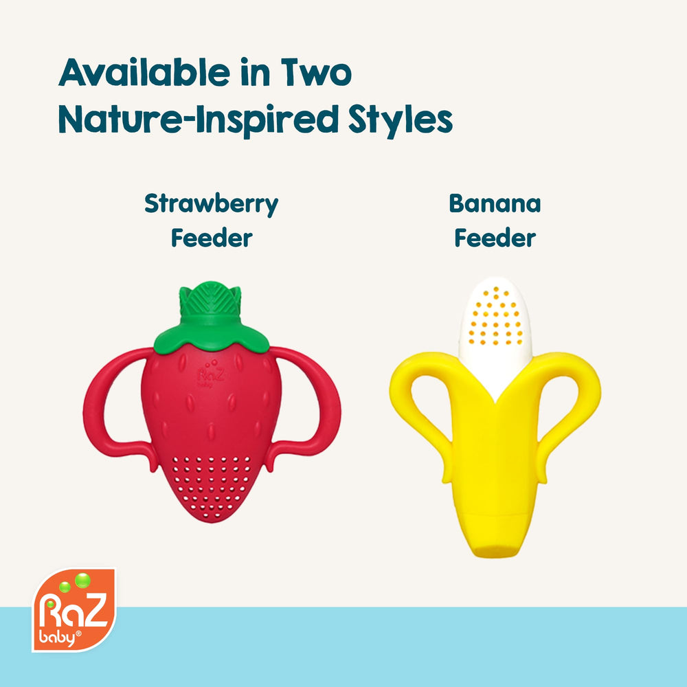 RaZbaby Fruitique feeder banana filling-capacity; holds more fruit per session.