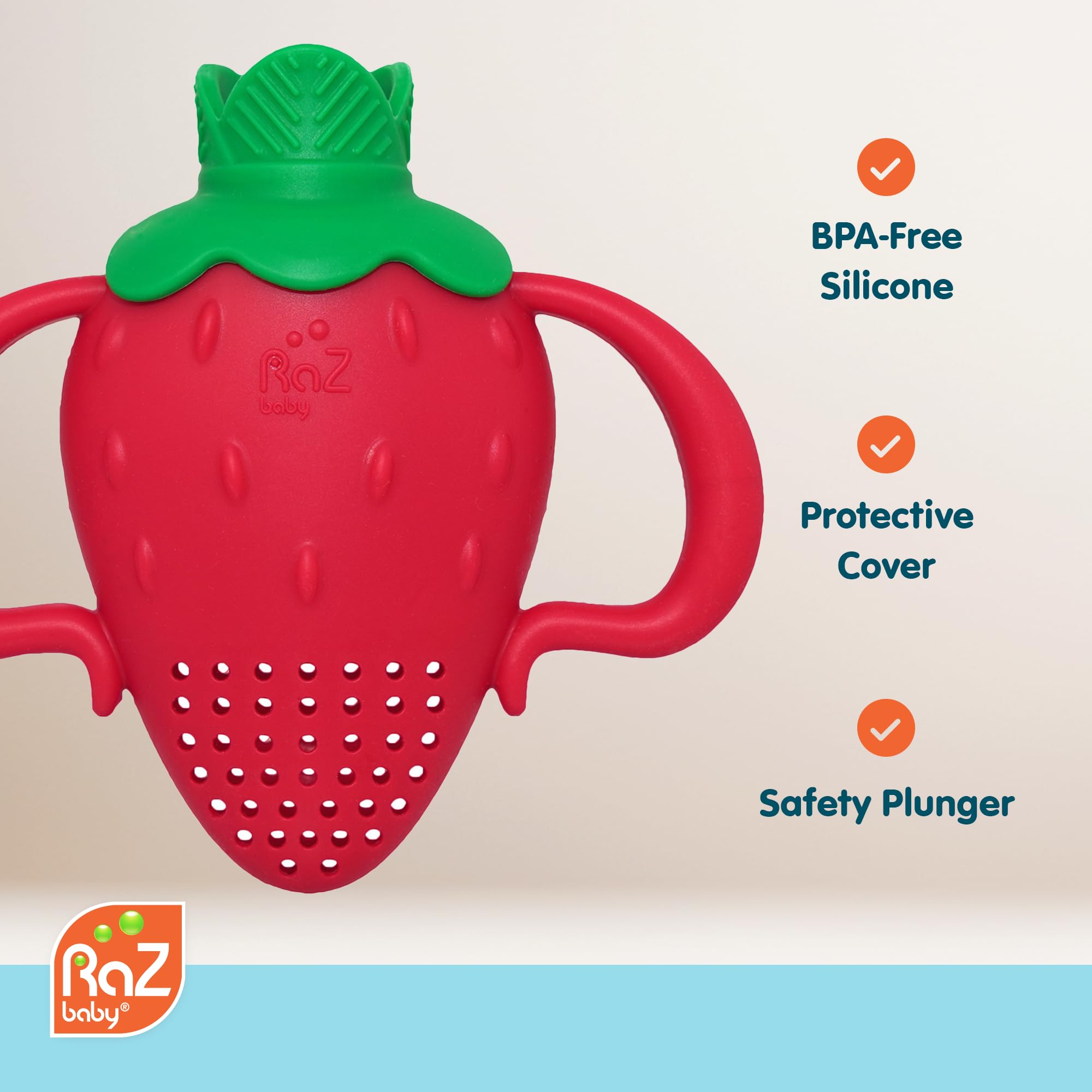 RaZbaby Fruitique feeder banana teething-use; soothing texture exploration during teething.