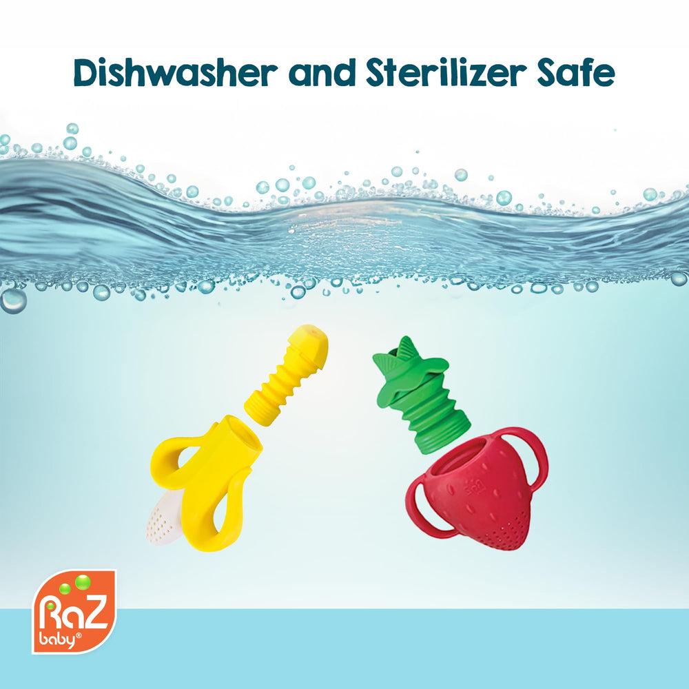 Filled with fresh fruit in the Razbaby Fruitique feeder for gentle exploration.