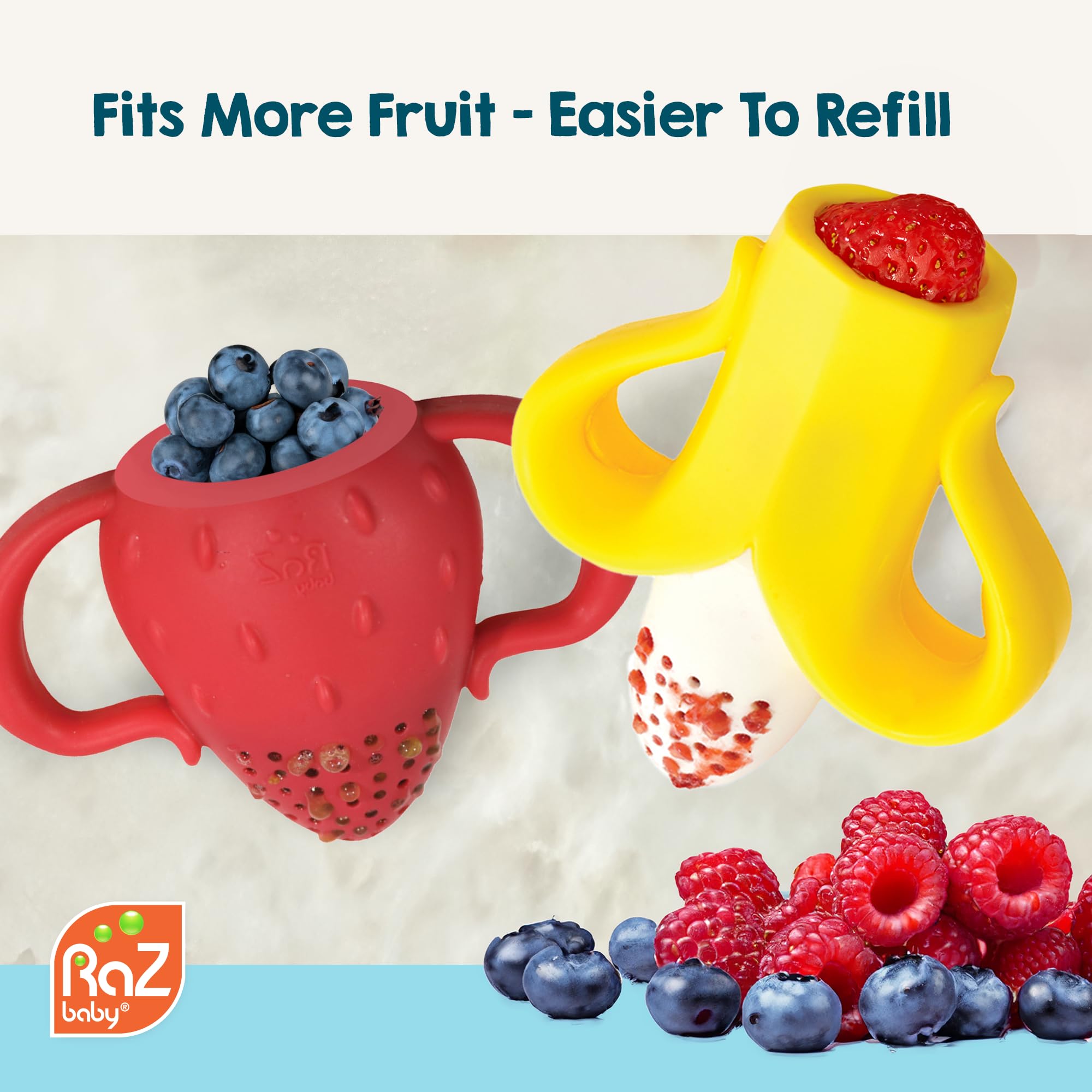 Frozen fruit option in Razbaby Fruitique feeder provides soothing textures for teething.