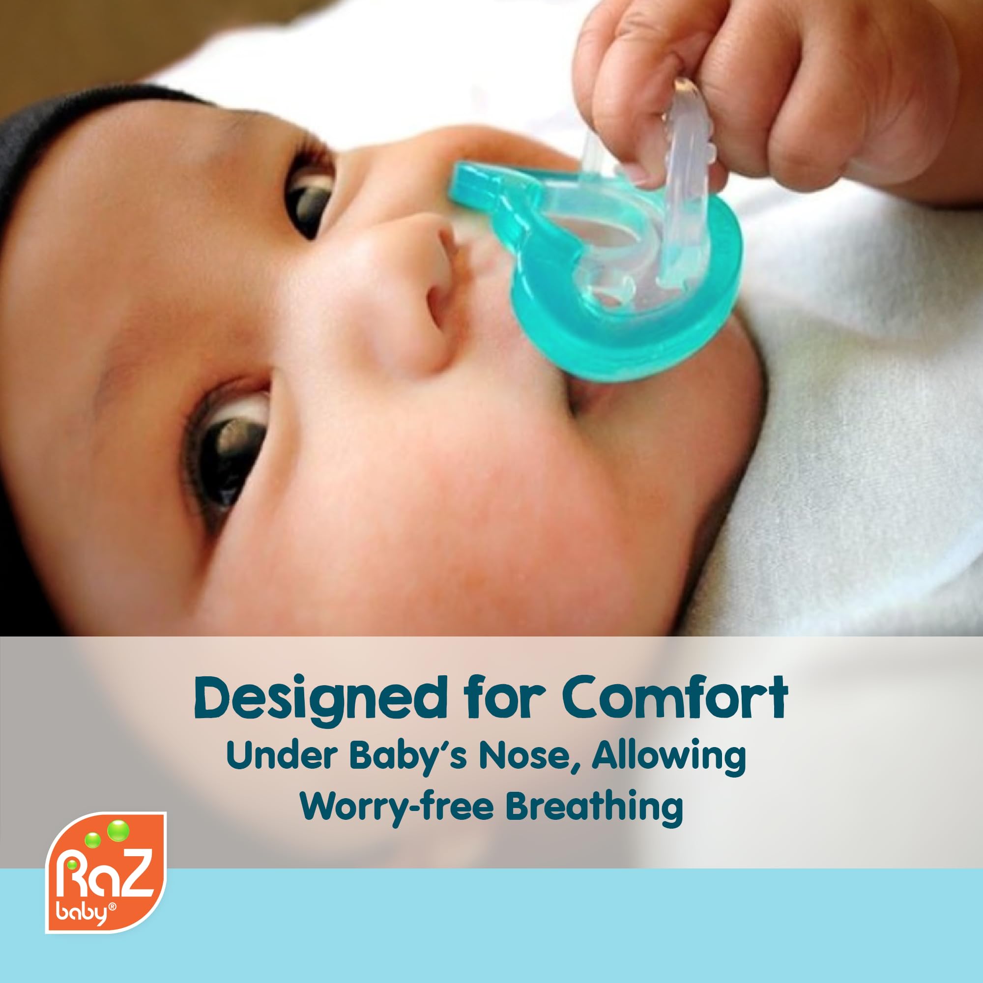 RaZbaby JollyPop blue dishwasher-safe tag indicates easy sanitization after meals.