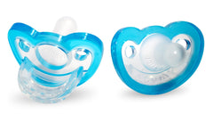 RaZbaby JollyPop blue front view shows orthodontic design for gentle soothing.