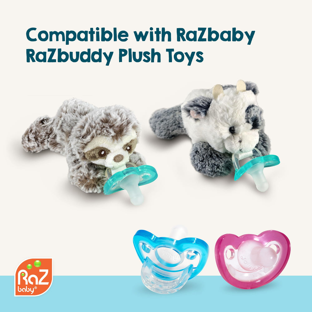 RaZbaby JollyPop blue Razbuddy-compatible feature keeps pacifiers within reach.