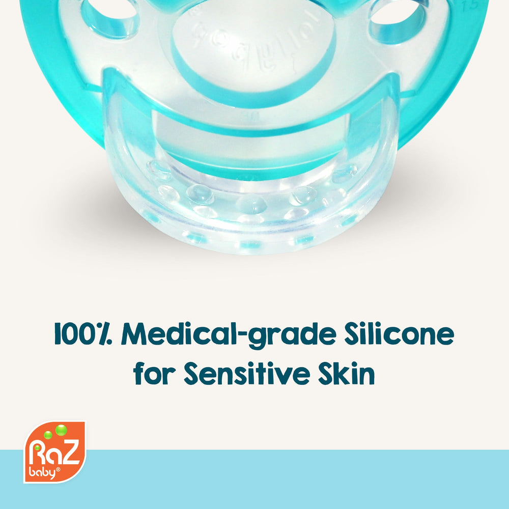 RaZbaby JollyPop dishwasher-safe blue pacifier on clean surface for quick sanitization