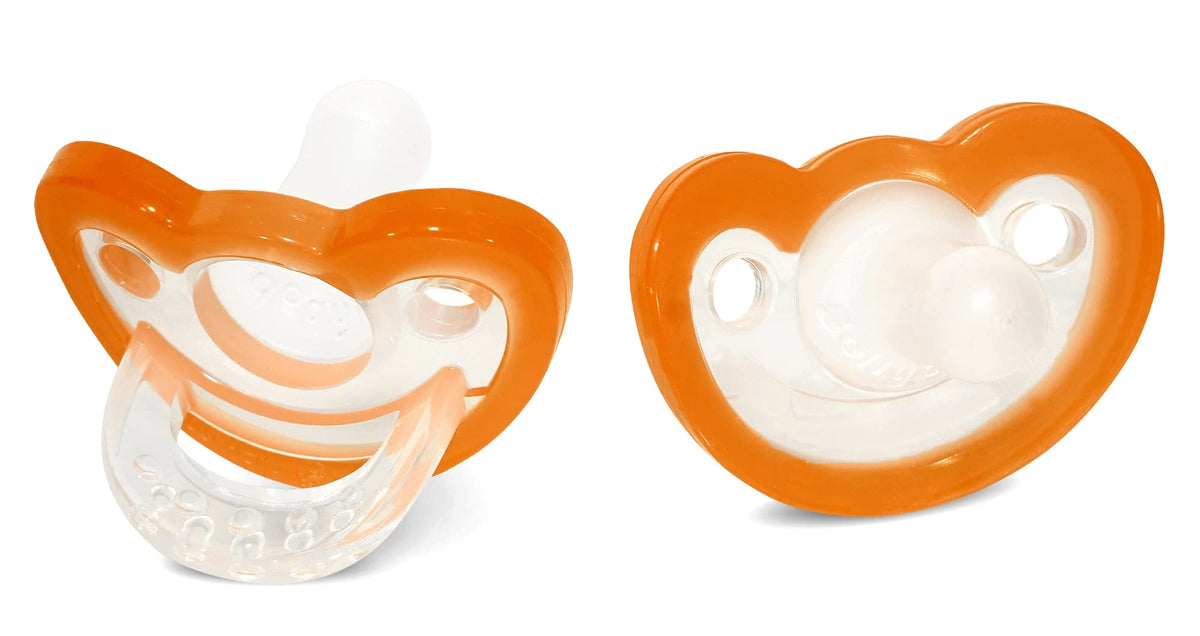 RaZbaby JollyPop orange pacifier close-up shows silicone comfort and safe 1-piece design.