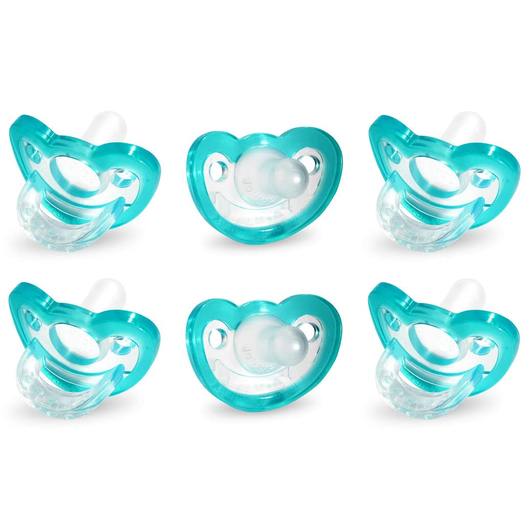 RaZbaby JollyPop pacifier teal close-up shows orthodontic silicone nipple for comfortable soothing