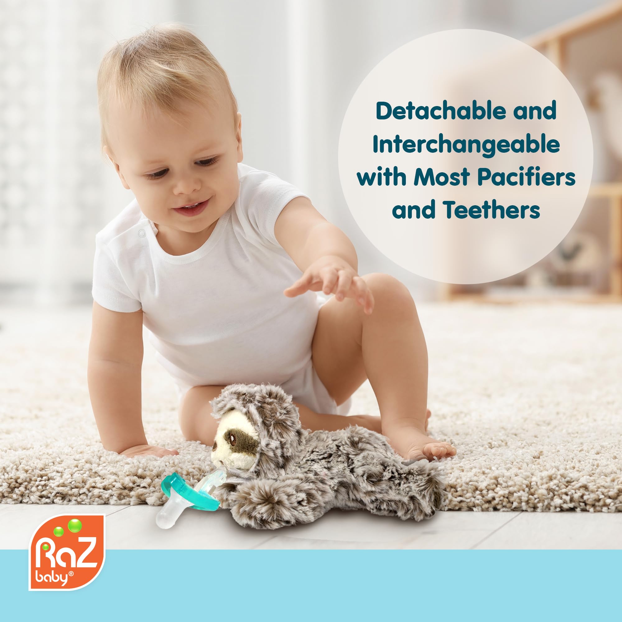 RaZbaby pacifier clip with plush attachment to prevent drops.
