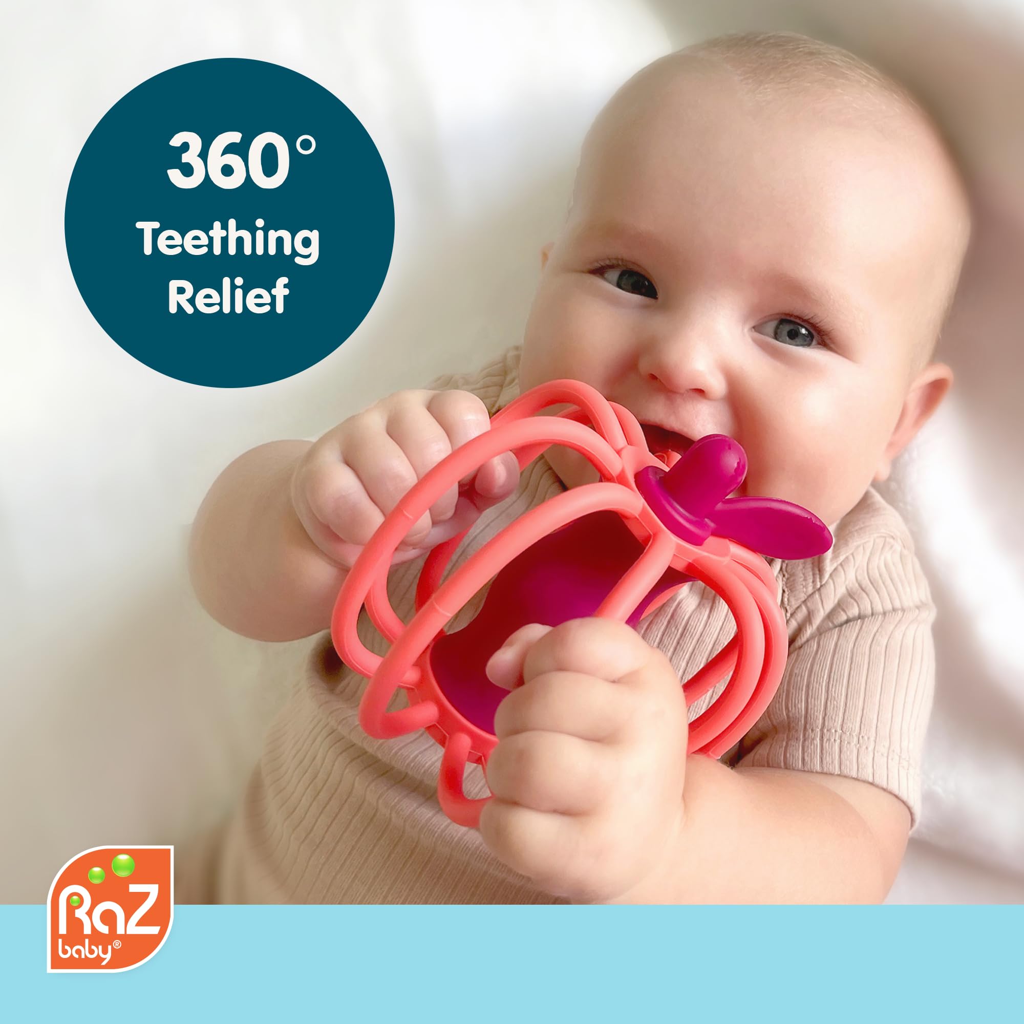 RAZBABY RaZ-Apple teether rattle closeup shows soothing sounds for entertainment.