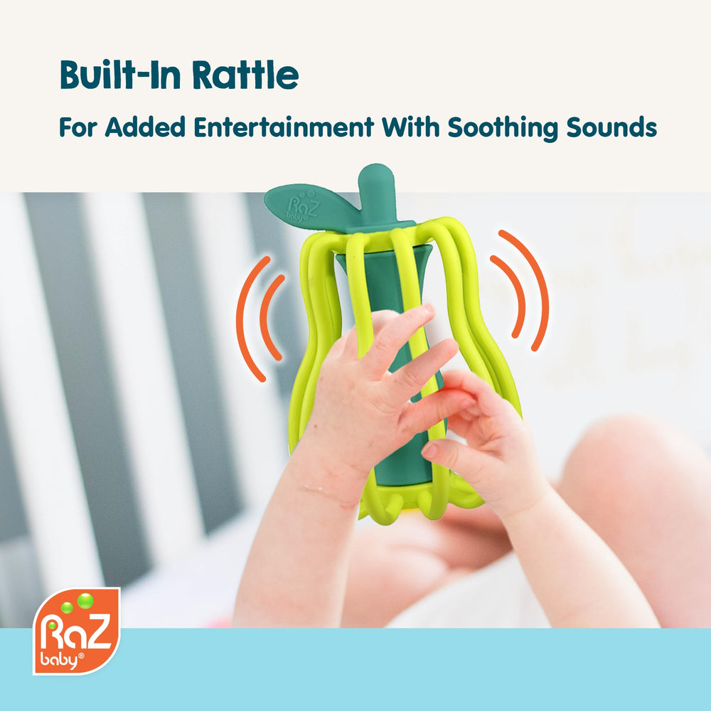 RaZbaby RaZ-Pear easy-hold design fits tiny hands for independent grabbing practice.