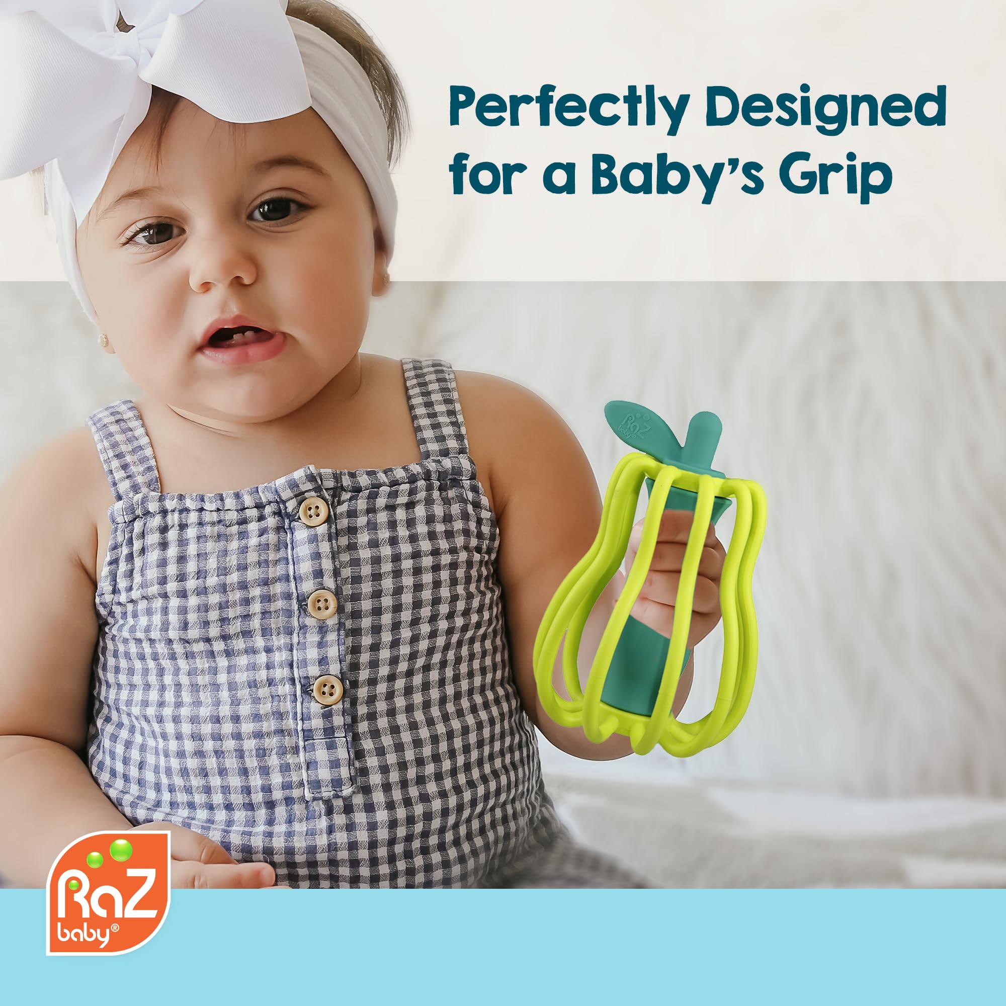 RaZbaby RaZ-Pear nipple-stem teether offers pacifier-like comfort during soothing sessions.