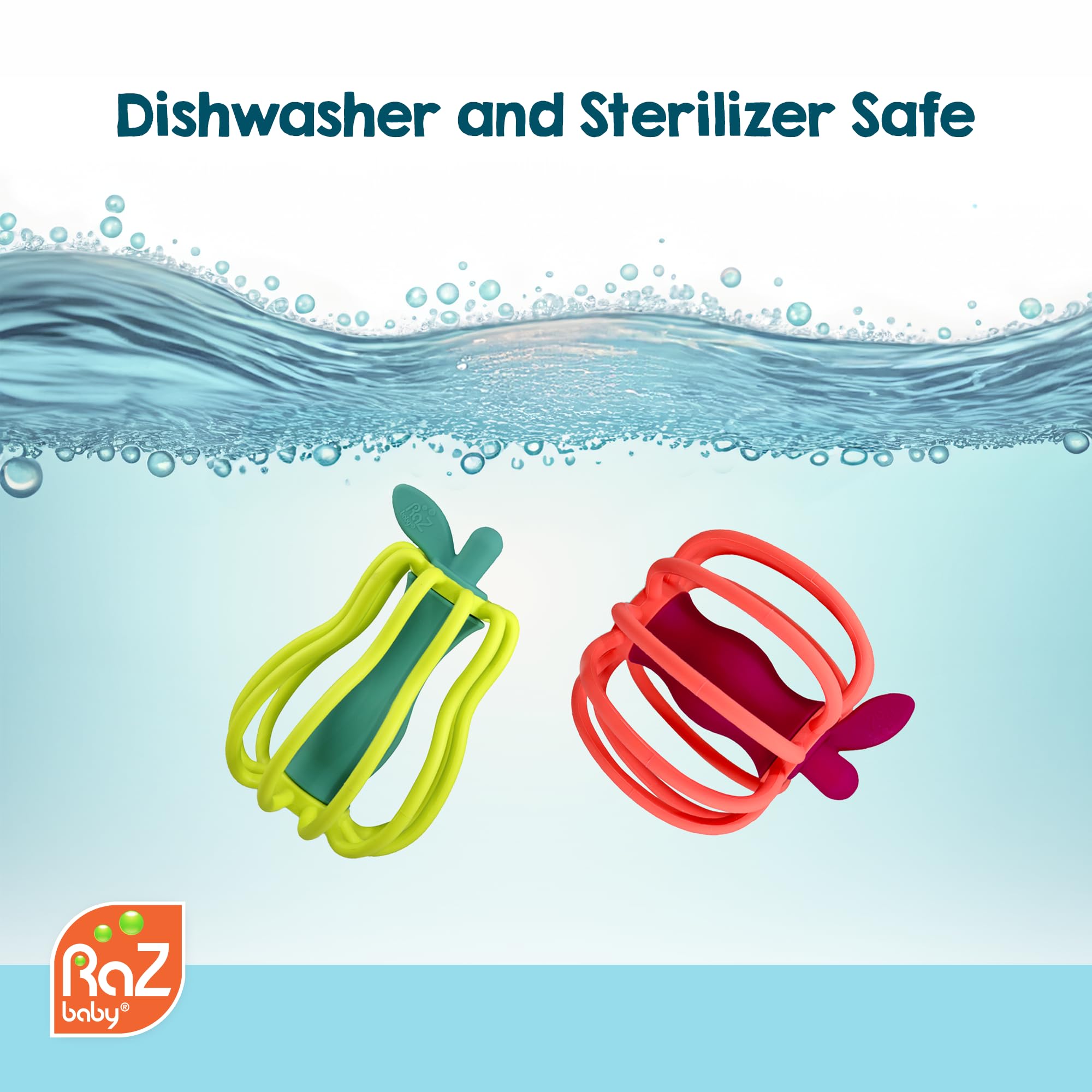 RaZbaby RaZ-Pear silicone teether encourages sensory exploration through varied textures.