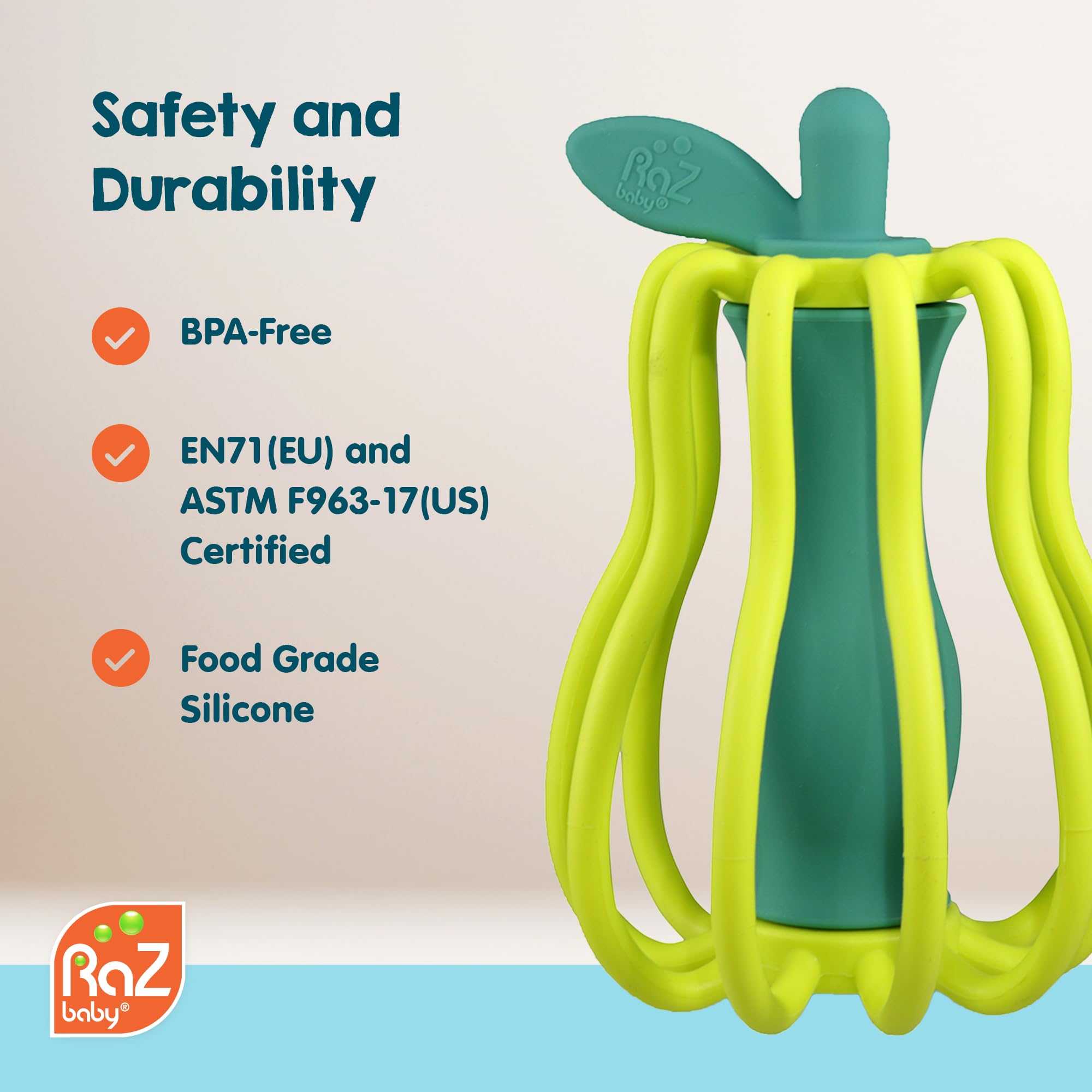 RaZbaby RaZ-Pear soft-silicone material provides safe chewing experience during playtime.