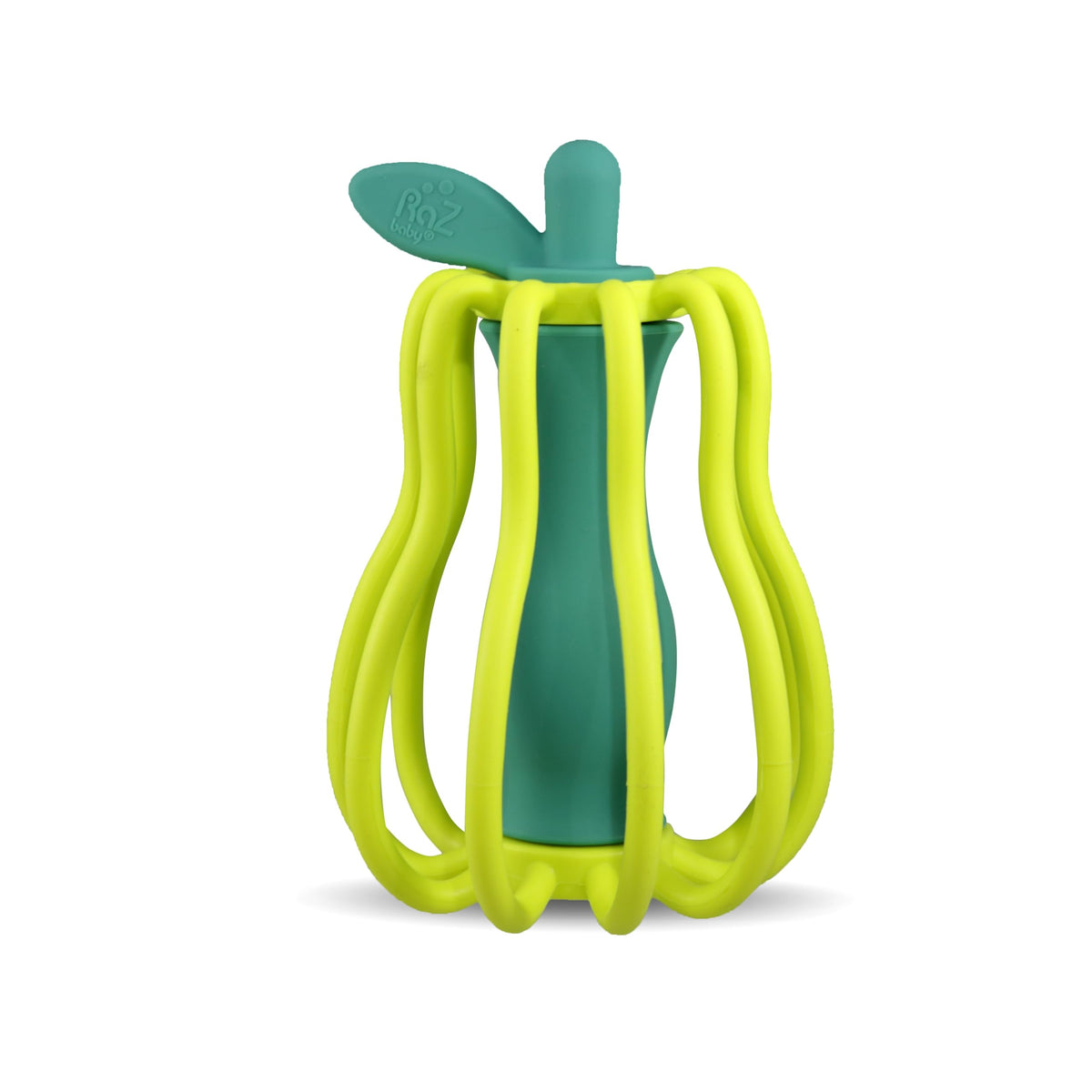 RaZbaby RaZ-Pear teether-textured surface supports teething relief.