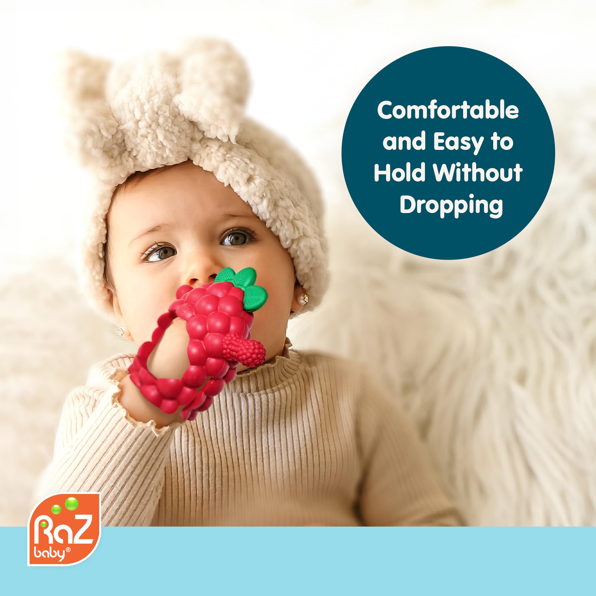 RaZbaby RaZberry Grip teether BPA-free material promotes safe chewing.