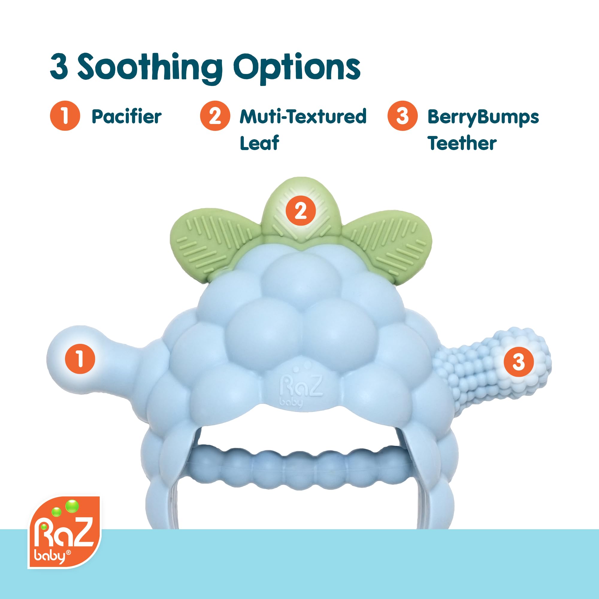 RaZbaby RaZberry Grip teether soft silicone material, durable and gentle on gums.