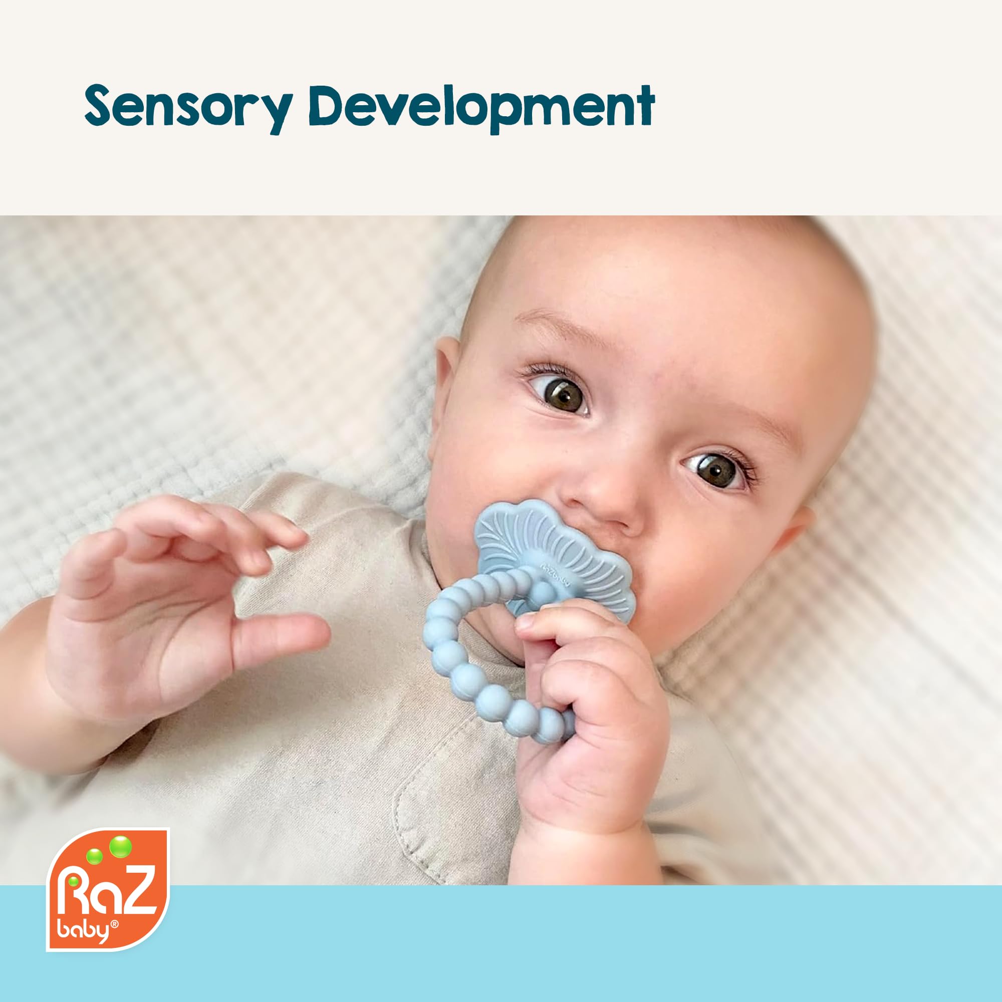 RaZbaby Razberry Plus teether back view emphasizes ergonomic mouthpiece.