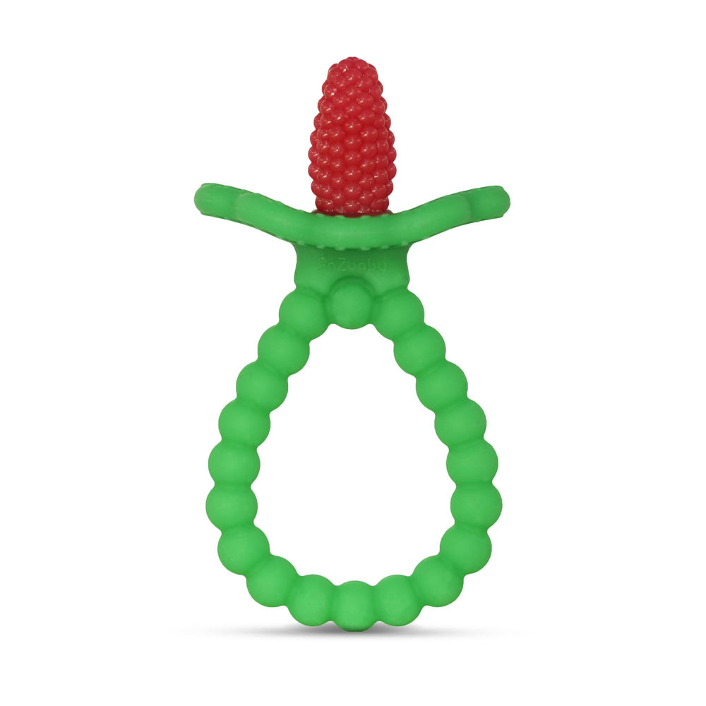 RaZbaby RaZberry Plus teether with BerryBumps texture supports front and back gum relief.