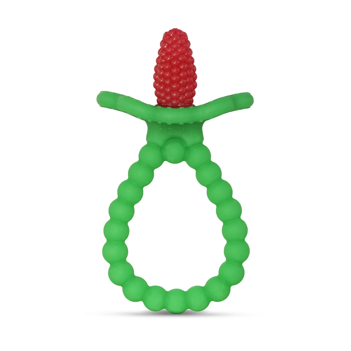 RaZbaby RaZberry Plus teether with BerryBumps texture supports front and back gum relief.