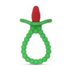 RaZbaby RaZberry Plus teether with BerryBumps texture supports front and back gum relief.