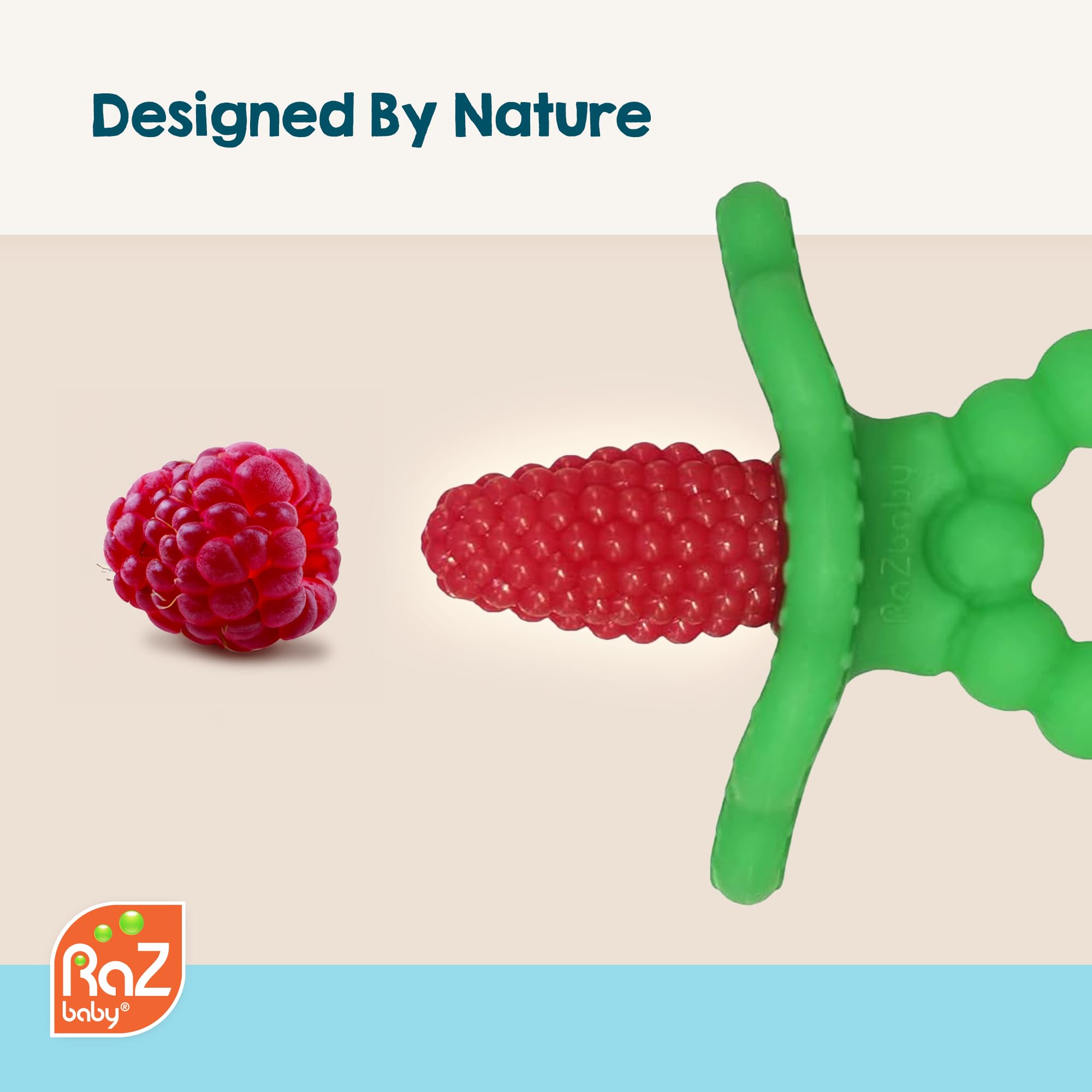 RaZbaby Razberry Plus teether ergonomic mouthpiece supports comfortable chewing.