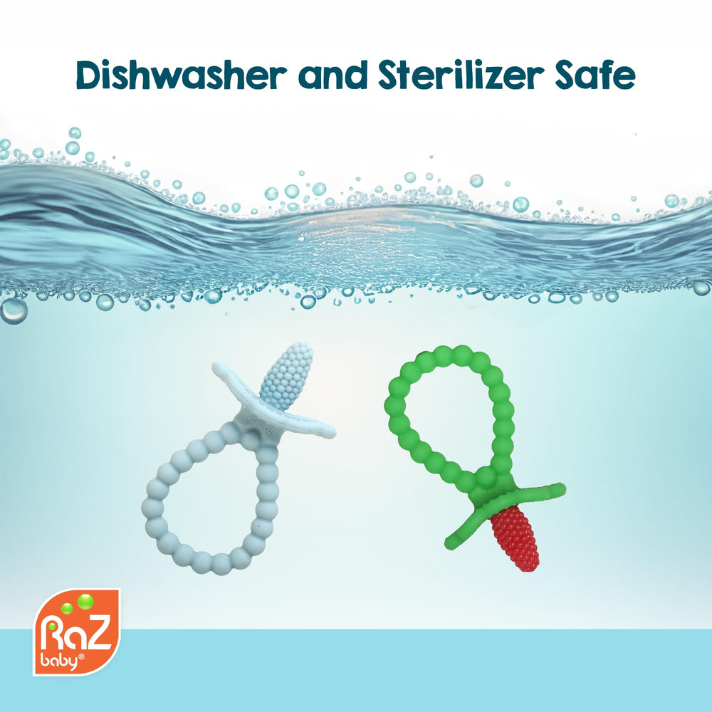 RaZbaby RaZberry Plus teether features fruit-shaped design for sensory play.