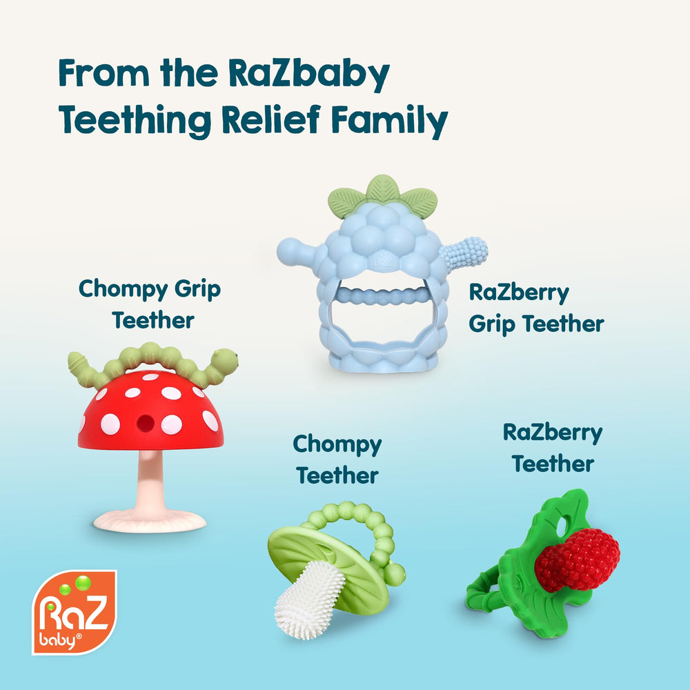 RaZbaby Razberry Pop teether ideal for on-the-go teething relief